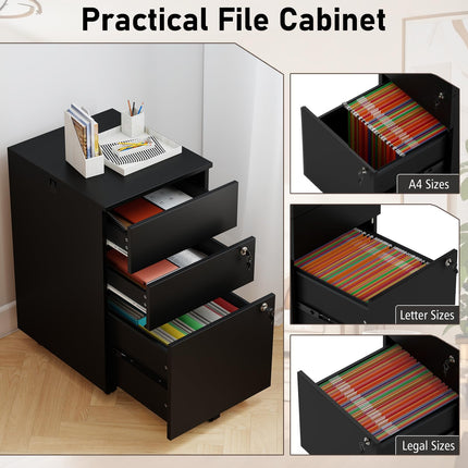 Dreamade 3-Drawer File Cabinet with Wheels Wooden File Organizer