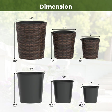 Dreamade Set of 3 Plastic Planters | 14 & 11 & 9 Inch Taper Rattan Planters with Drainage Holes and Saucers