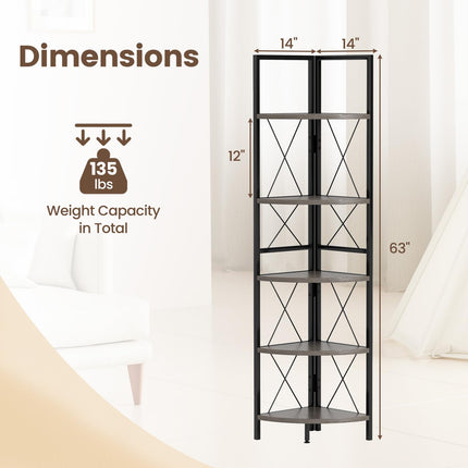Dreamade 5-Tier Corner Shelf, 63" Tall Corner Bookshelf, Freestanding Storage Rack w/Metal Frame