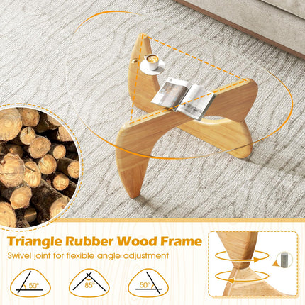 Dreamade Triangle Glass Coffee Table, Solid Wood Tea Table with Tempered Glass Top & Adjustable Base