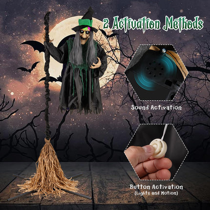 Dreamade Witch with Broomstick Halloween Animatronic, Life Size Animated Halloween Prop with Laughing and Screaming Sound