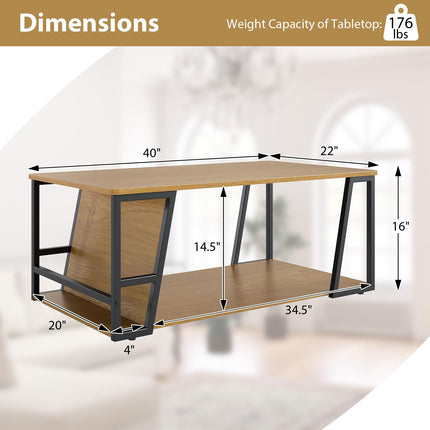 Dreamade Rectangle Coffee Table 2-tier Industrial Accent Table with Storage Shelf and Compartment