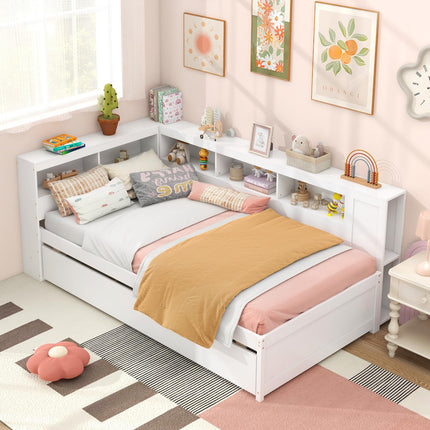 Dreamade Twin Daybed with Trundle, Wood Twin Bed Frames with Storage Headboard, Reversible Bookcase
