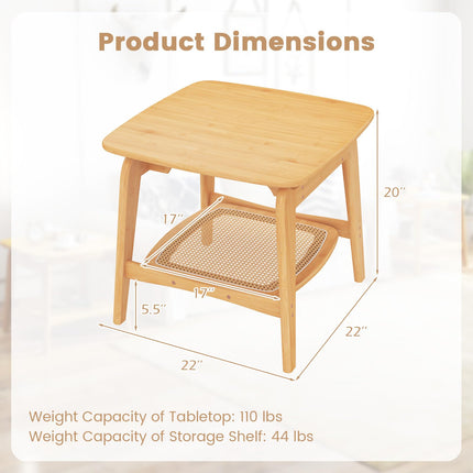 Dreamade Rattan Side Table, Boho End Table with Storage Shelf, 2-Tier Bedside Table for Small Spaces