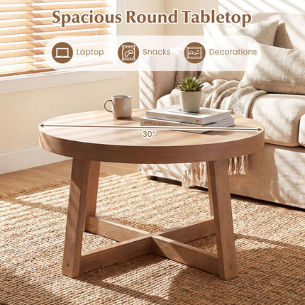 Dreamade 30" Wood Center Table with Thickened Tabletop & Cross-Shaped Pine Wood Frame