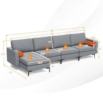 Dreamade Sectional Sofa Couch, Convertible Sleeper with 2 or 1 USB Ports Socket