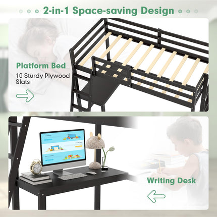 Dreamade Twin Size Loft Bed with Desk, Solid Wood Loft Bed with 2 Ladders & Full Length Guardrail