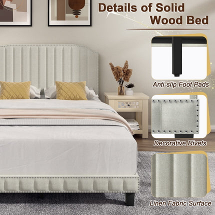 Dreamade Queen/Full/Twin Size Upholstered Bed Frame, Linen Platform Bed w/Rivet Headboard, Heavy Duty Mattress Foundation