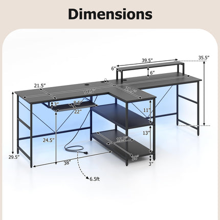 Dreamade 94.5” 2 Person Desk with LED Lights, Long PC Study Desk with Storage Shelves, Power Outlets