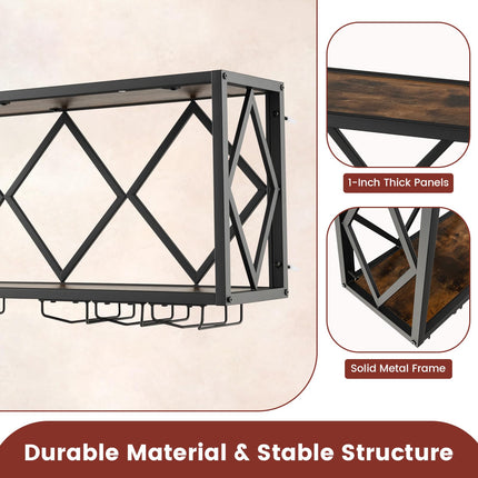 Dreamade Wall Mounted Wine Rack, Wine Display Shelf w/Wine Bottle Rack & 6 Rows of Stemware Holder