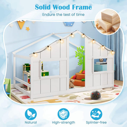 Dreamade Twin Kids House Bed with Light Bulbs Wooden Montessori Floor Bed Frame with Roof & Windows