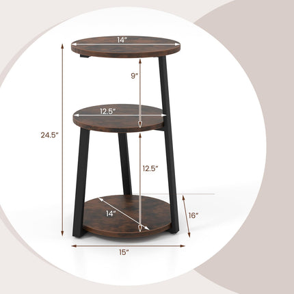 Dreamade Round End Table, Industrial Side Table with Sturdy Metal Frame, Coffee Table, 3-Tier Bedside Table for Bedroom, Living Room