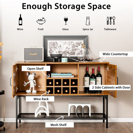 Dreamade Industrial Buffet Sideboard, Freestanding Kitchen Cupboard with Wine Rack (Rustic Brown & Black)