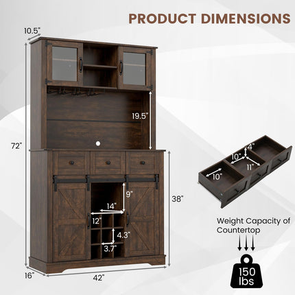 Dreamade 72" Farmhouse Coffee Bar Cabinet w/Glass Doors & Wine Racks