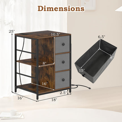 Dreamade Industrial Nightstand with Charging Station - End Side Table w/3 Fabric Drawers
