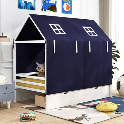 Dreamade Twin House Bed with Tent, Wood Kids Bed with 2 Storage Drawers, Solid Wood Daybed Frame with Rails and Roof
