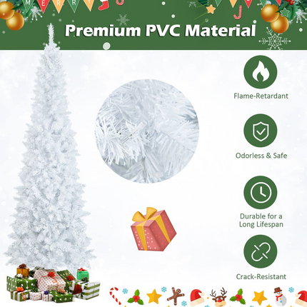 Dreamade 7ft White Pre-Lit Pencil Christmas Tree, Artificial Hinged Slim Tree with 800 Tips, 300 Warm White Lights - DreamadeUS