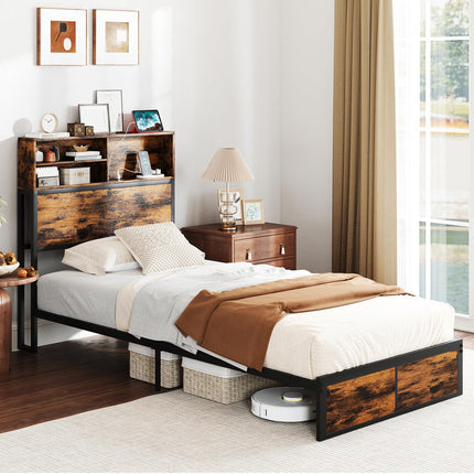 Dreamade King/Queen/Twin Size Bed Frame with Storage Headboard and Charging Station, Industrial Metal Platform Bed