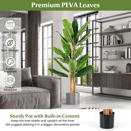 Dreamade 6.5 FT Tall Artificial Banana Tree, Fake Banana Tree w/ 27 Large Leaves, Triple Stalks, Natural Bark