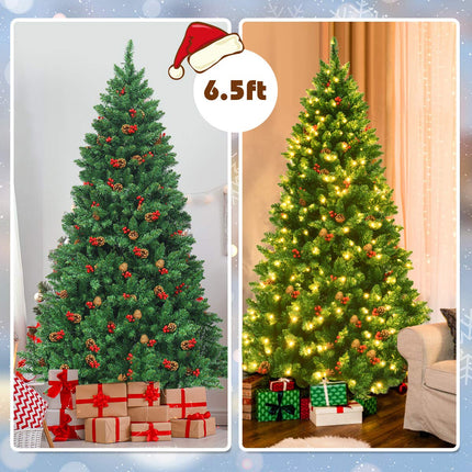 Dreamade 6.5FT Pre-Lit Christmas Tree with 1100 Branch Tips Pine Cones and Red Berries