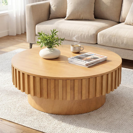 Dreamade Round Coffee Table with Storage | Modern Drum Fluted Center Table with Solid Wood Veneered