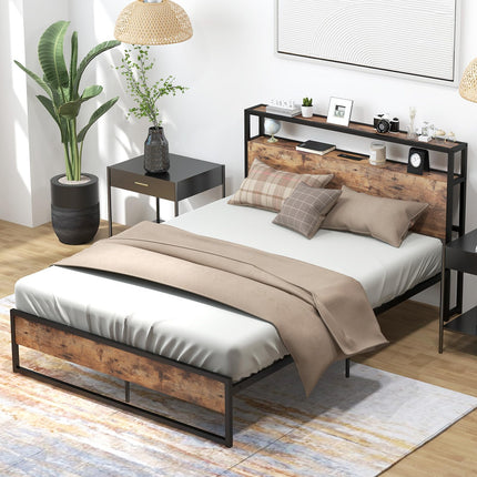 Dreamade Full Bed Frame with Storage Headboard and Charging Station, with Outlets and USB Ports