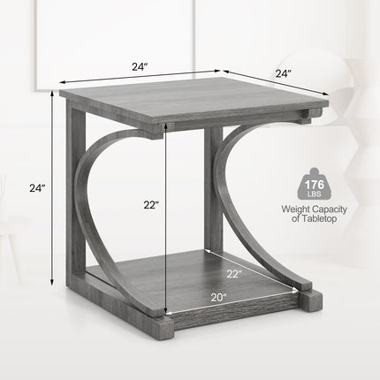 Dreamade C-Shaped End Table, 24" Square Couch Table with Bottom Storage Shelf & Solid Rubber Wood Frame