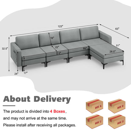 Dreamade 4 Seat Convertible Sofa Couch, 123" L Sectional Sleeper with 2 or 1 USB Ports Socket