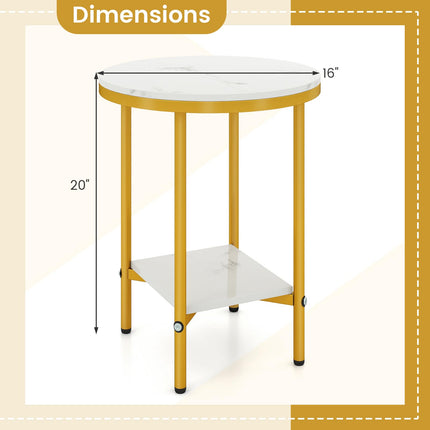 Dreamade Round Side Table 2-Tier Faux Marble Sofa Side Coffee Table w/Gold Frame & Open Shelf