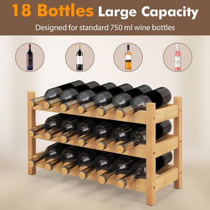 Dreamade Bamboo Wine Rack, 3 Tier 18 Bottle Wine Storage Cabinet Shelf, Small Wine Rack Bottle Organizer Freestanding Counter