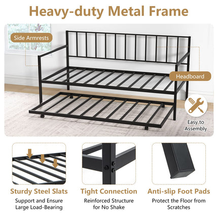 Dreamade Metal Daybed with Trundle, Twin Size Daybed with Pullout Trundle & Steel Slat Support, Black