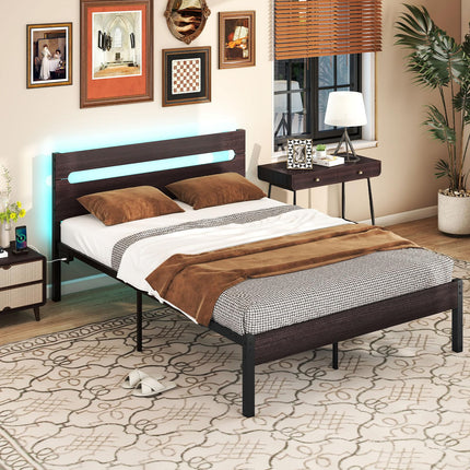 Dreamade Full Size LED Bed Frame with Charging Station Rustic Metal Platform Bed