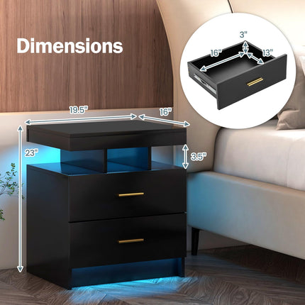 Dreamade LED Nightstand, Modern Black Bedside Tables with 2 Storage Drawers