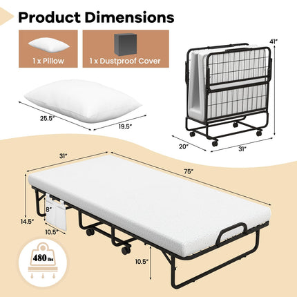 Dreamade Folding Bed with Mattress and Top Pillow, Cot Portable Guest Bed w/Metal Frame, 75" x 31"