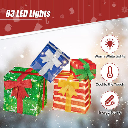 Dreamade Lighted Gift Boxes, Set of 4 Stackable Pre-lit Box Decorations with Warm White LED Lights & Pre-Assembled Ribbons