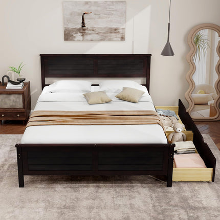 Dreamade Wood Full Size Bed Frame with 2 Storage Drawers, Solid Wood Platform Bed with Headboard