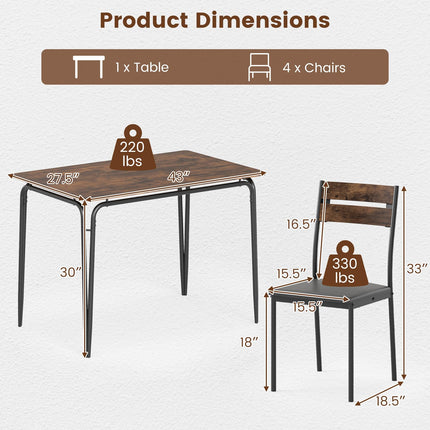 Dreamade 5-Piece Dining Table Set Industrial Rectangular Kitchen Table and 4 Armless Chairs