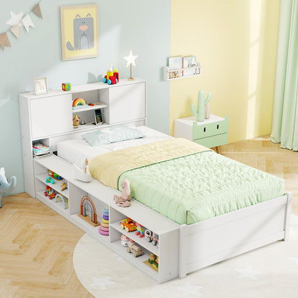 Dreamade White Twin Size Bed Frame with Trundle and Bookcase Headboard