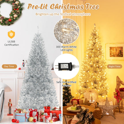 Dreamade 6ft Pre-lit Silver Pencil Christmas Tree, Artificial Tinsel Electroplated Tree, Decor for Home