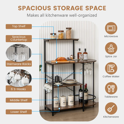 Dreamade Kitchen Bakers Rack, 4-Tier Microwave Stand with 6 Hooks & Stemware Racks (Rustic Brown)