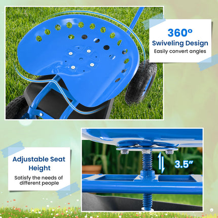 Dreamade Garden Cart, 4-Wheel Gardening Workseat with Storage Basket