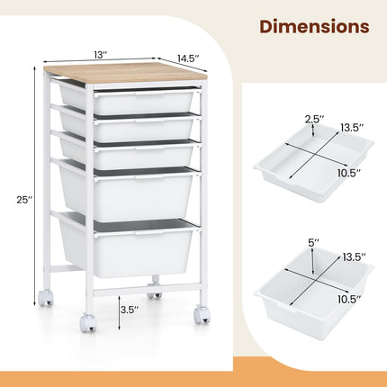Dreamade 5-Drawer Rolling Storage Cart Mobile Utility Organizer with Wooden Tabletop and Lockable Wheels