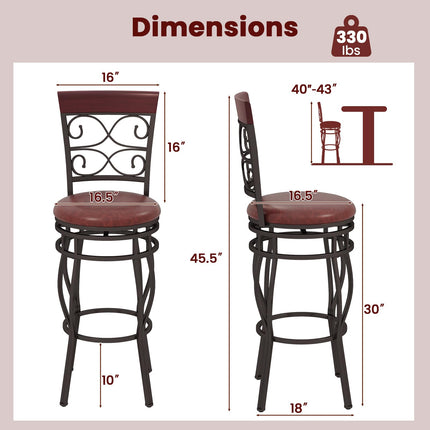 Dreamade 30" Swivel Bar Stools Set of 2, Bar Height Bar Stools w/Back, Upholstered PU Leather Seat, Footrest, Rustic Brown
