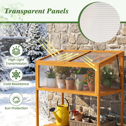 Dreamade Wood Cold Frame Greenhouse with Transparent Openable Roof & Slatted Shelf