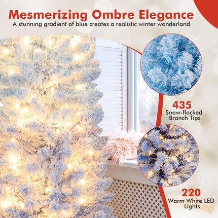Dreamade 6FT / 7FT Blue Gradient Snow Flocked Christmas Tree with Warm White LED Lights