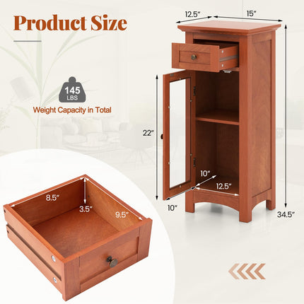 Dreamade Small Bathroom Storage Cabinet, Freestanding Narrow Bathroom Cabinet with Single Glass Door, Drawer