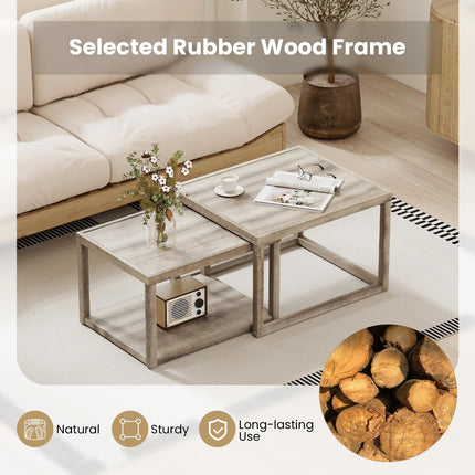 Dreamade Nesting Coffee Tables Set of 2 with Storage Shelf Rubber Wood