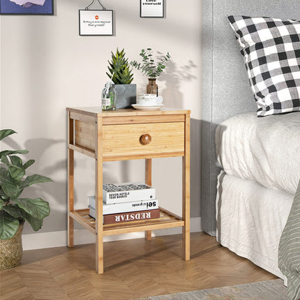 Dreamade Nightstand Bamboo Bedside Table with Drawer, Open Shelf, Multifunctional Side Table