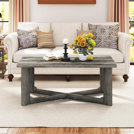 Dreamade Farmhouse Wood Coffee Table Rectangle Center Table with X-Shaped Base & Rubber Wood Frame