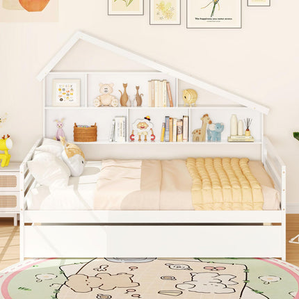 Dreamade Full House Bed with Twin Trundle, Wood Daybed with 5 Cube Storage Bookcase & Headboard